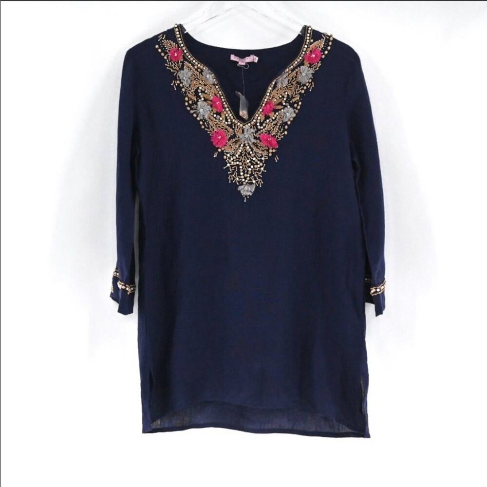 NEW CALYPSO St. Barth Linen Beaded Tunic Top Small